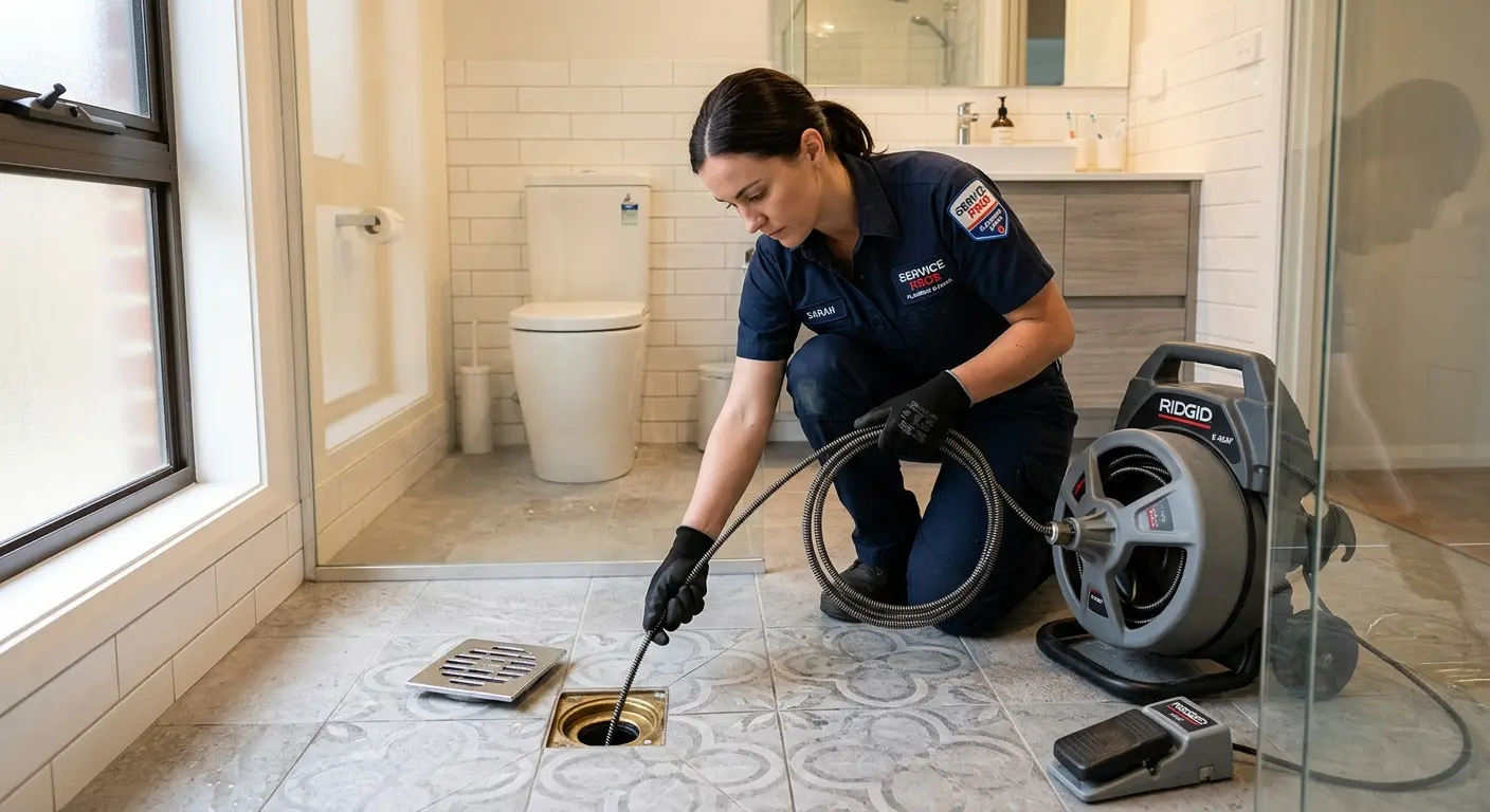 Technician clearing a bathroom floor drain for Hydro Jetting in Dayton